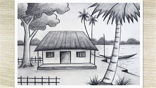 Village landscape Scenery Art House Scenery Drawing Pencil Drawing [upl. by Anthia853]