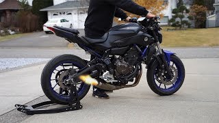 Yamaha MT07 Akrapovic Cold start  Revs  Fly by LOUD [upl. by Arbmat]