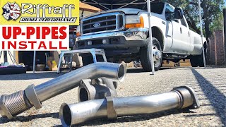 2001 F350 73  RiffRaff UpPipes Install  Stock up pipes leaking and falling apart JUNK SP [upl. by Kidd389]