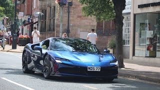 Supercars in Alderley Edge 2024 812 Comp SF90 x3 Aventador SV Spyder RS x2 Huracan x2 765LT… [upl. by Sirovaj889]