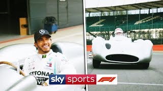 Lewis Hamilton drives Juan Manuel Fangios W196 around Silverstone [upl. by Nilya190]