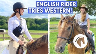 ENGLISH RIDER TRIES RIDING WESTERN [upl. by Rodgiva996]